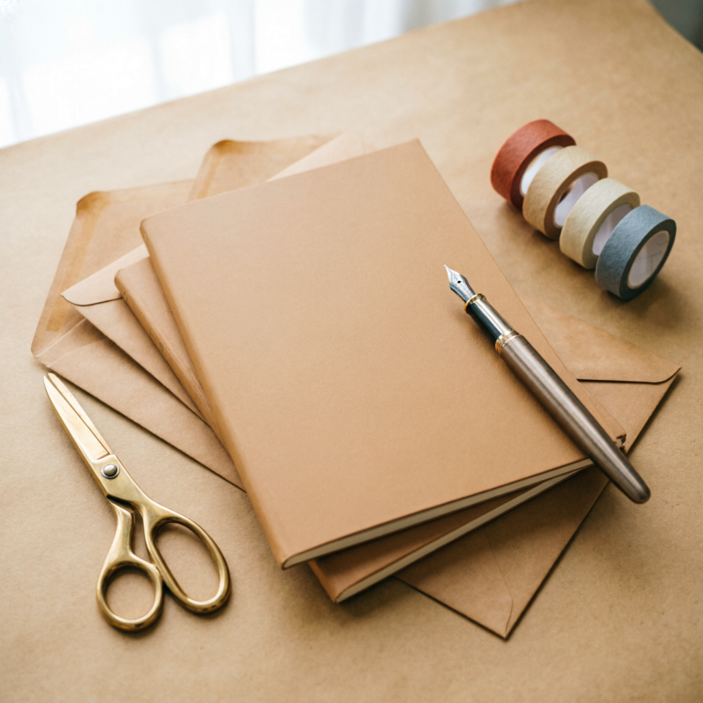 Notebooks, pen and craft supplies